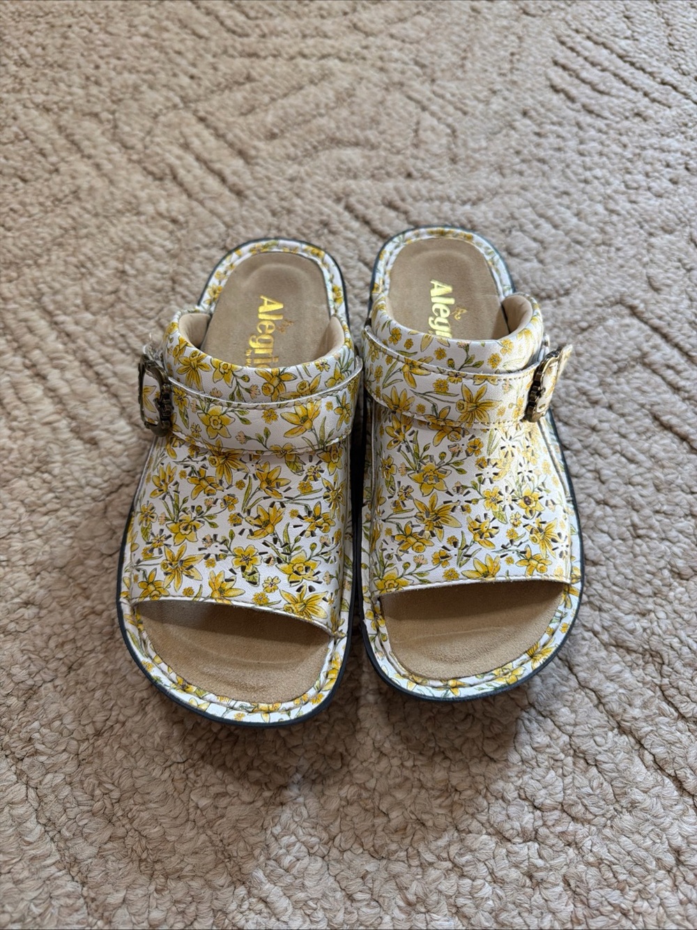 Alegria White Sandals with Yellow Floral Print and Buckle